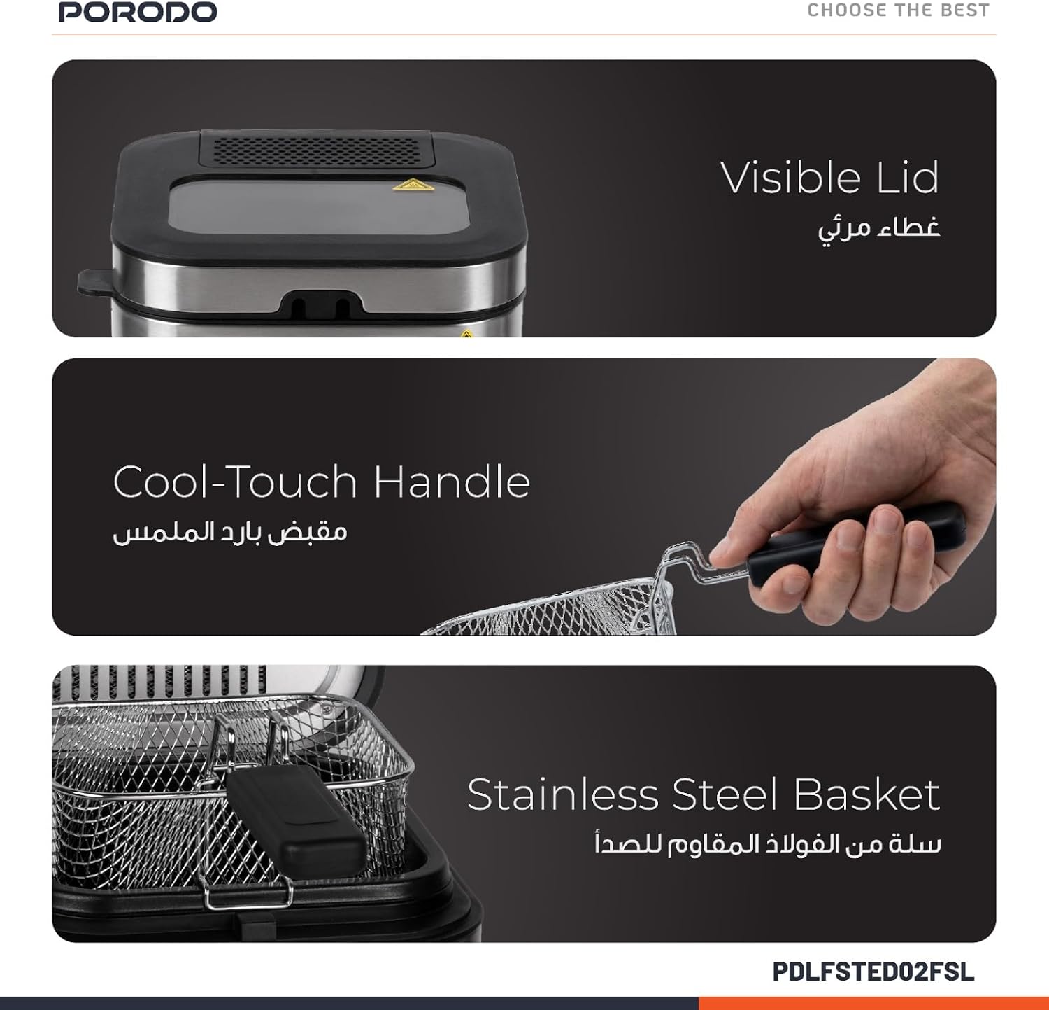 Porodo Lifestyle Stainless Steel 2.5L Deep Fryer with Adjustable Temperature & Non-Stick Tray - Silv