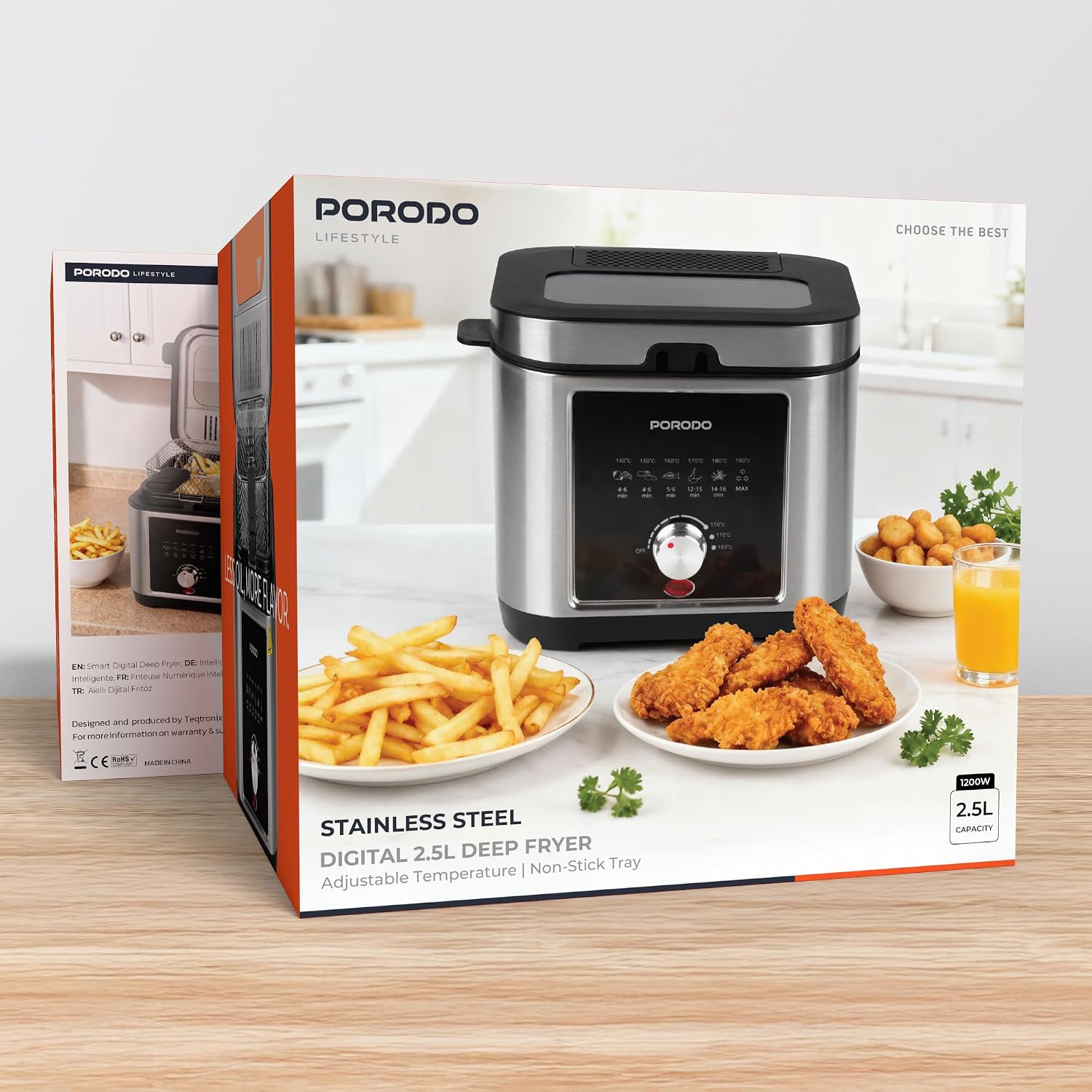 Porodo Lifestyle Stainless Steel 2.5L Deep Fryer with Adjustable Temperature & Non-Stick Tray - Silv