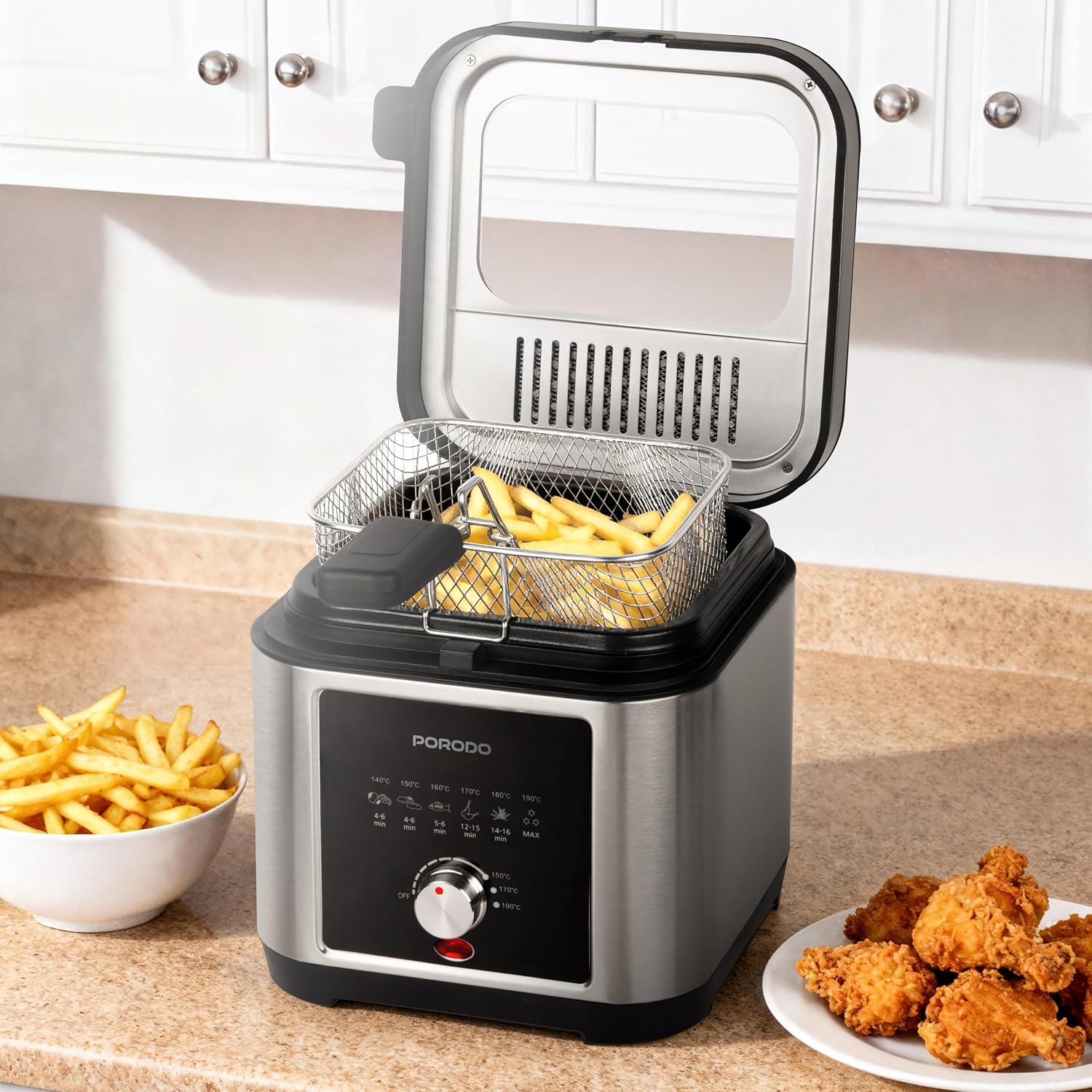 Porodo Lifestyle Stainless Steel 2.5L Deep Fryer with Adjustable Temperature & Non-Stick Tray - Silv