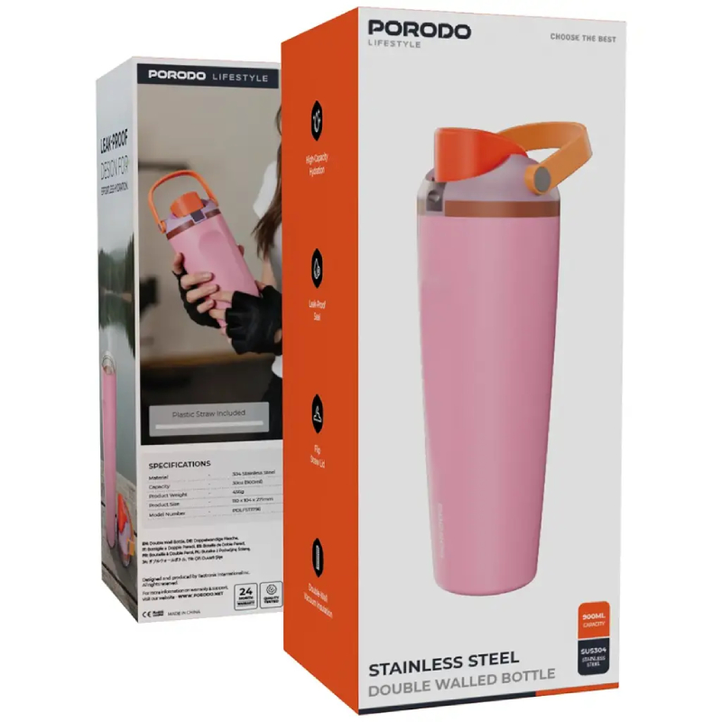 Porodo Lifestyle Double Wall 900ml Stainless Steel Bottle - Pink