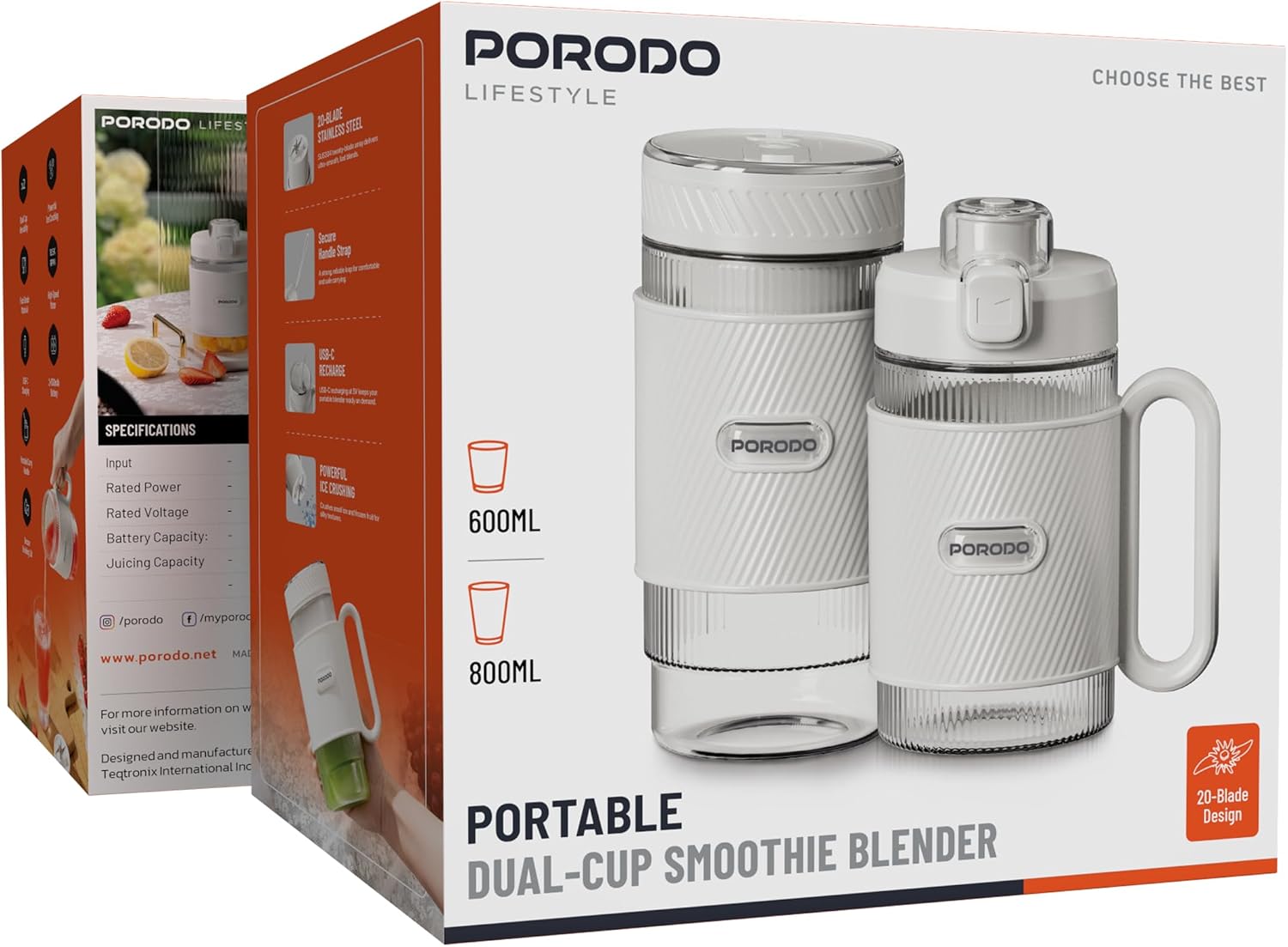 Porodo Lifestyle Portable Dual-Cup Smoothie Blender - White