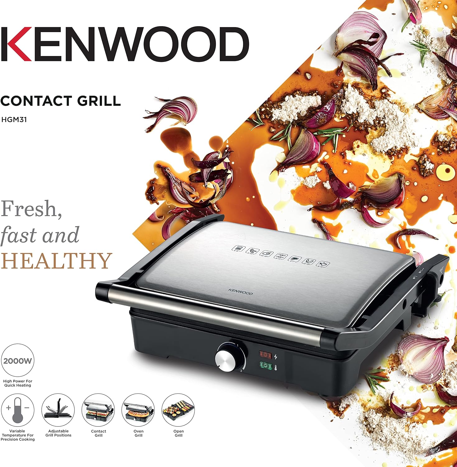 Kenwood Grill 2000W Contact Health Grill Panini Press - Silver & Black