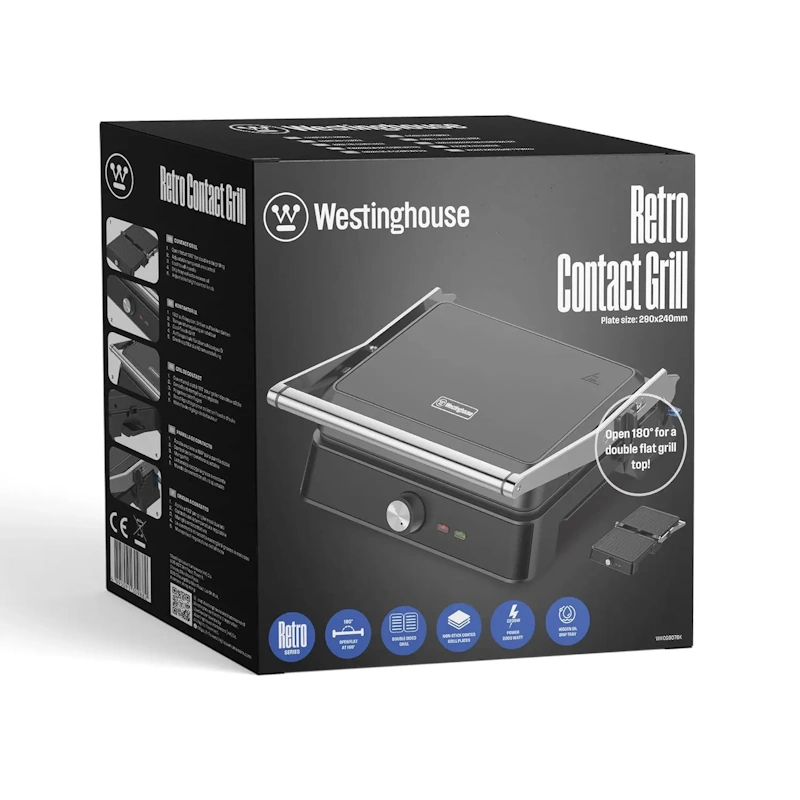 Westinghouse Retro Contact Grill 2200W, Cool Touch Handles - Black