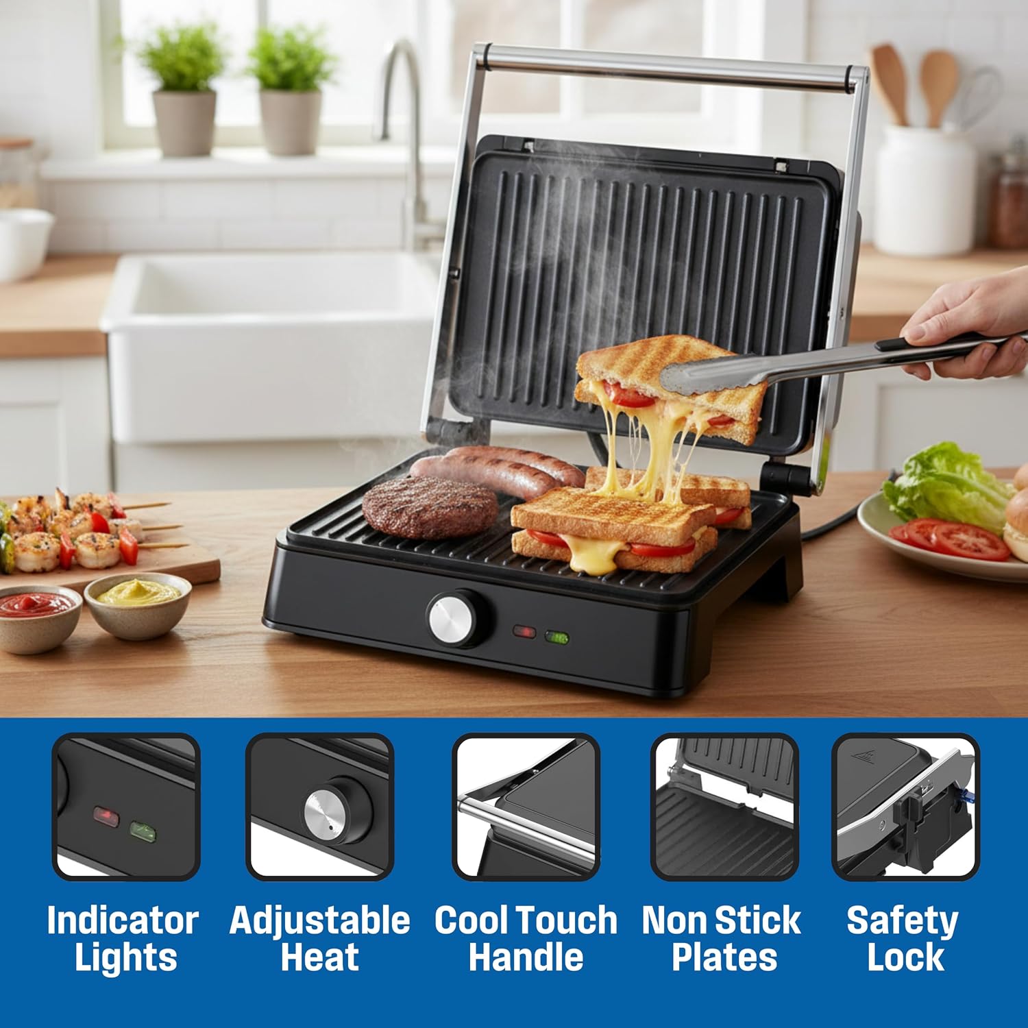 Westinghouse Retro Contact Grill 2200W, Cool Touch Handles - Black