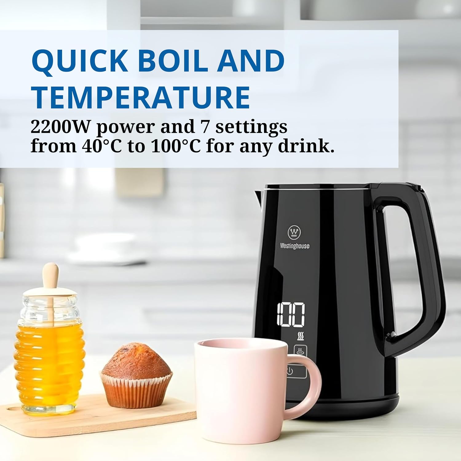 Westinghouse USA 1.7L Digital Electric Kettle, 2200W - Black