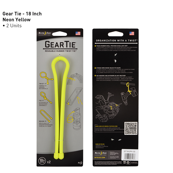 Nite lze Gear Tie Reusable Rubber Twist Tie 18 inch - 2 Pack (Neon Yellow)
