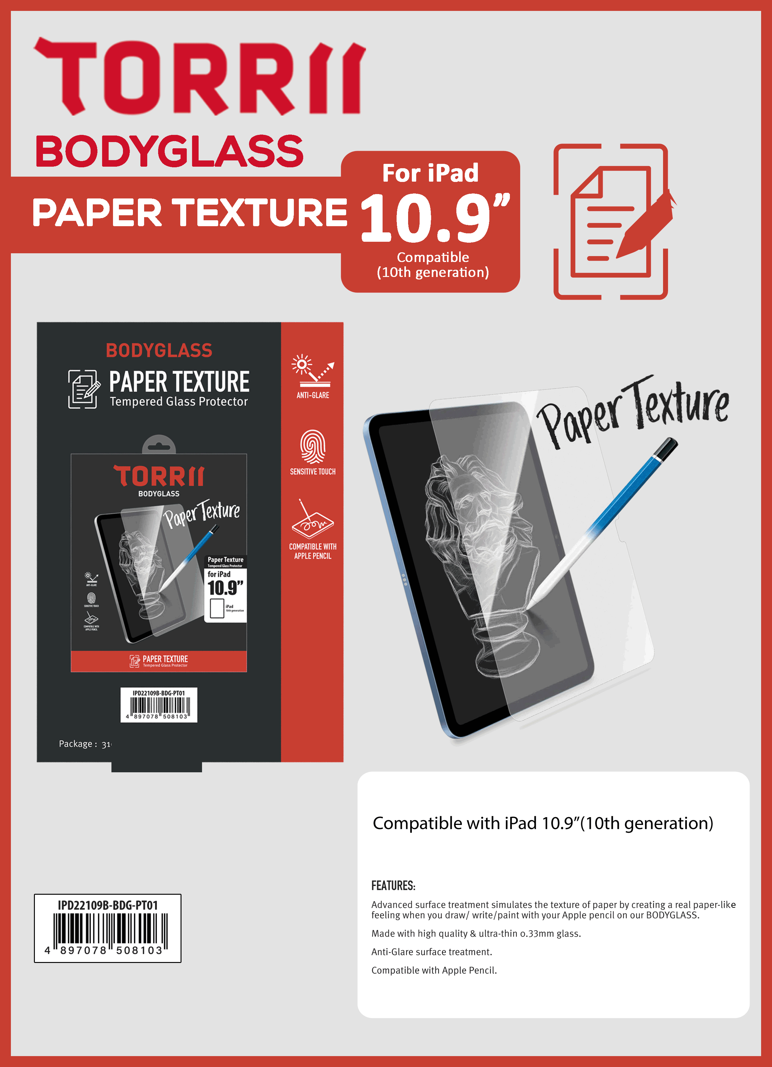 Torrii Bodyglass Paper Texture Glass Screen Protector For iPad 10.9 ...